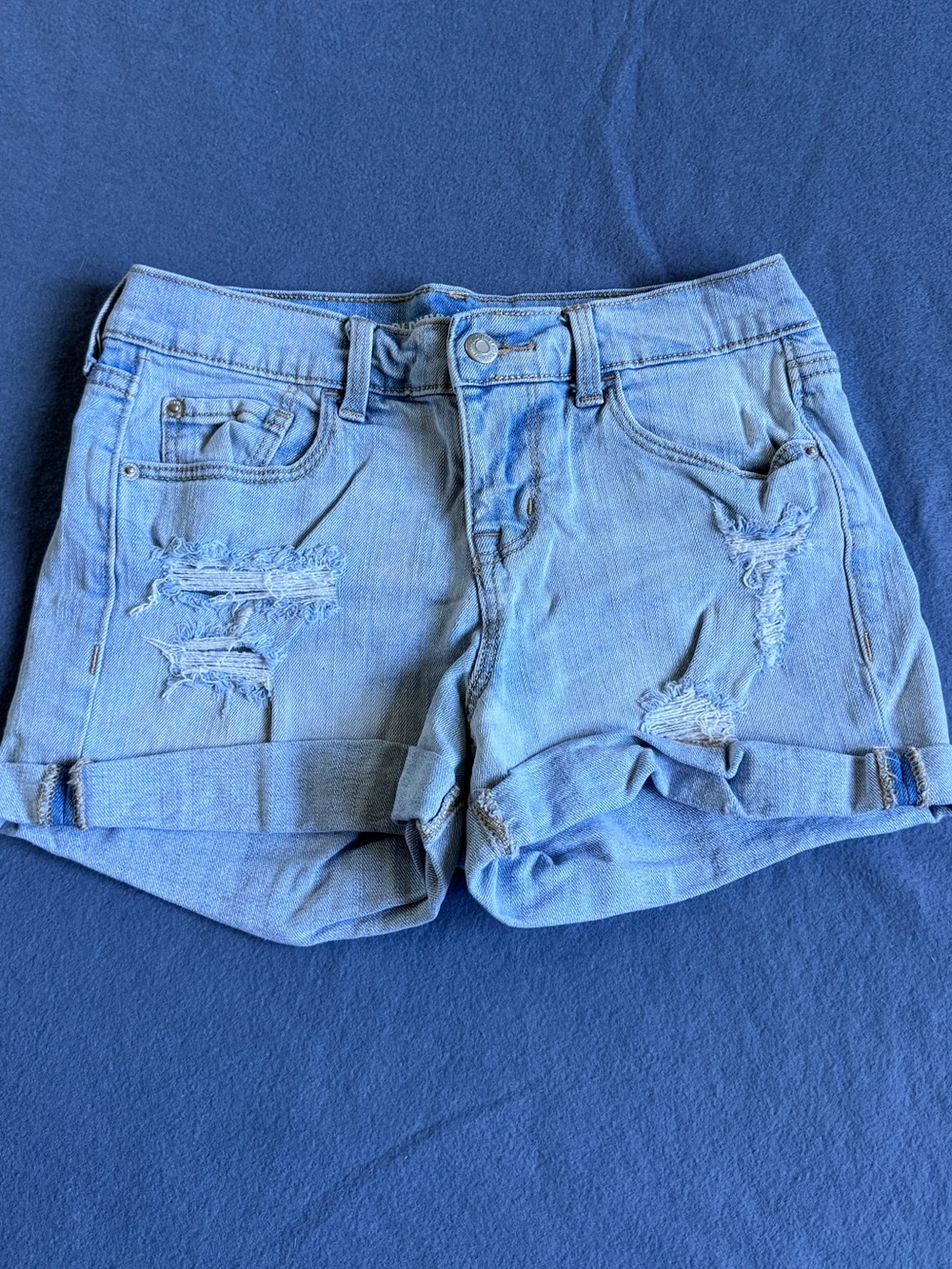 Light Blue Distressed Roll-Cuff Denim Shorts